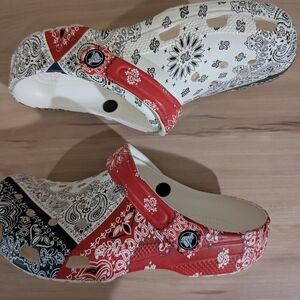 CROCS Red, Black, and White Patterned Flats